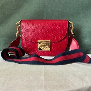 Gucci Red Leather Gg Monogram Half Moon Padlock Flap Bag